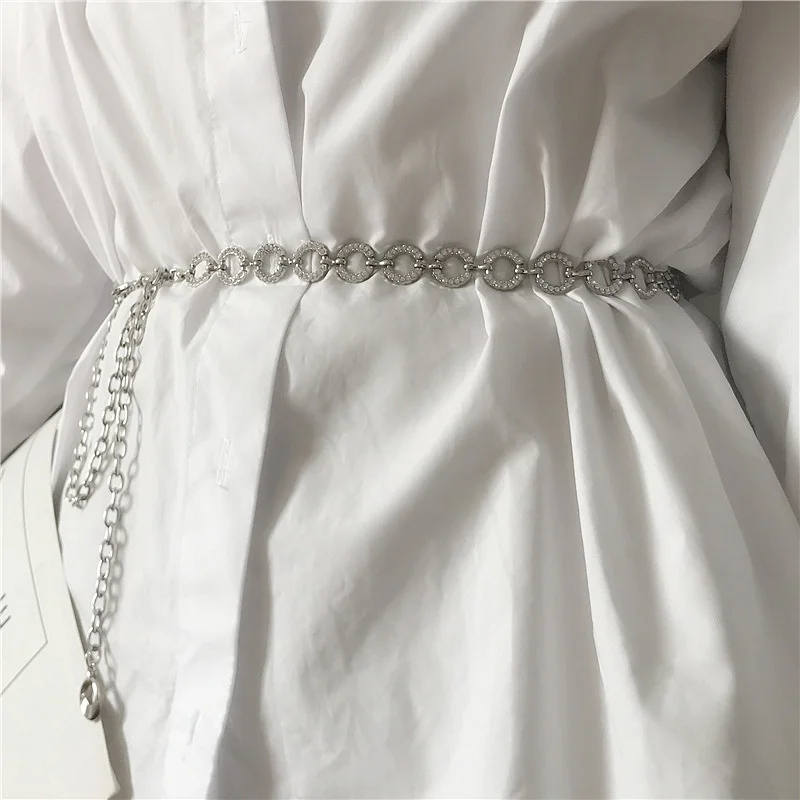 Elegant Girl Metal Waist Chain Belts for Women Rhinestone Thin Corset Belt Lady Round Hip High Waistband Girdle Accessories