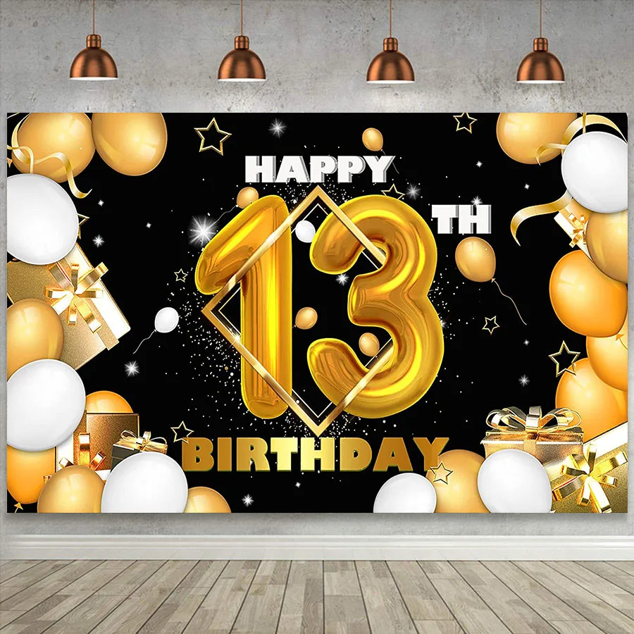 

Happy 13th Birthday Party Backdrop Cake Table Banner Poster Thirteen 13 Years Old for Girls Boys Black Gold Balloon Background