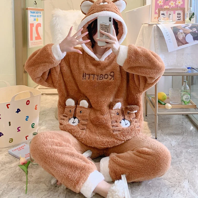 Милый пижамный комплект из 2 предметов женская одежда для сна теплая зимняя