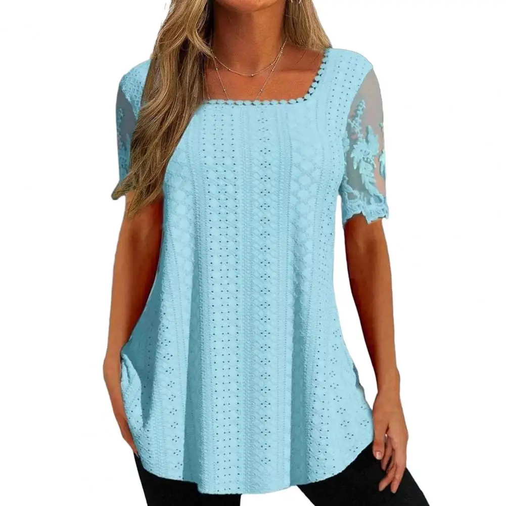 

Женская кружевная блузка с вышивкой, летняя Свободная блузка с квадратным вырезом и коротким рукавом