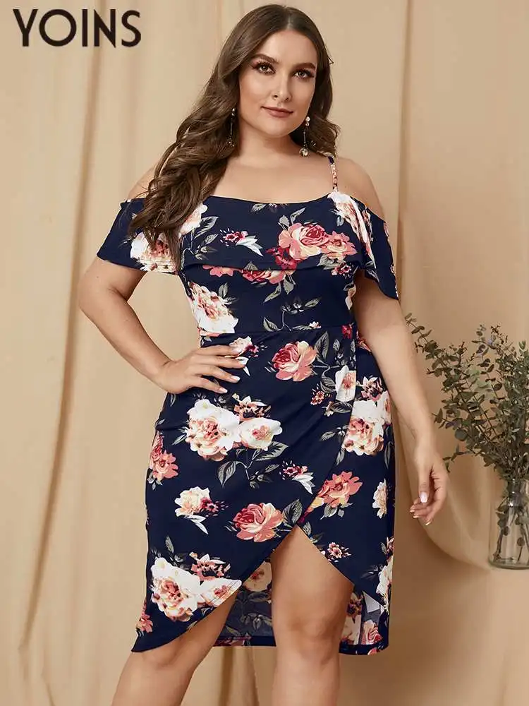 YOINS Bohemian Summer Midi Dresss Plus Size Women Short Sleeve Off Shoulder Split Party Beach Sundress Floral Printed Vestidos