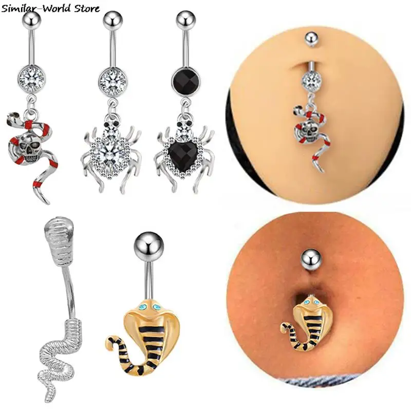

1 PC Punk 14G Stainless Steel Belly Ring Snake Spider Pendant Crystal Navel Belly Button Rings Bar Barbell Piercing Jewelry