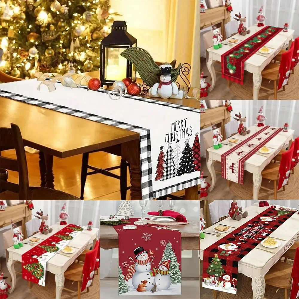Модная льняная рождественская дорожка для стола Снеговик Рождественская елка