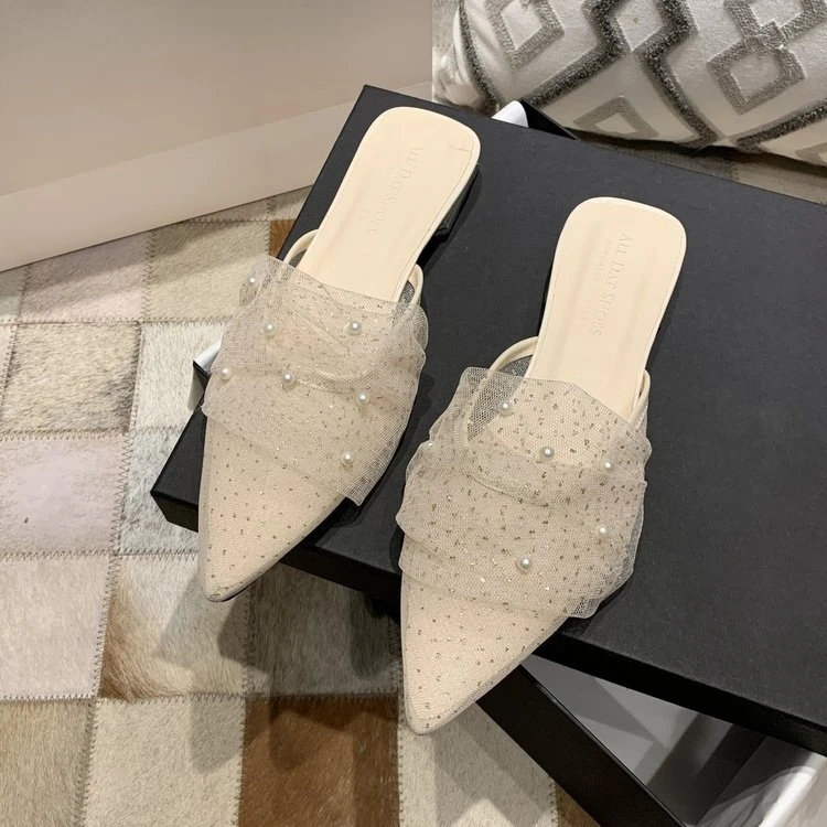 

Женские шлепанцы, летние и осенние полутапочки, Женские однотонные шлепанцы с острым носком, сетчатым жемчугом и квадратным каблуком, женск...