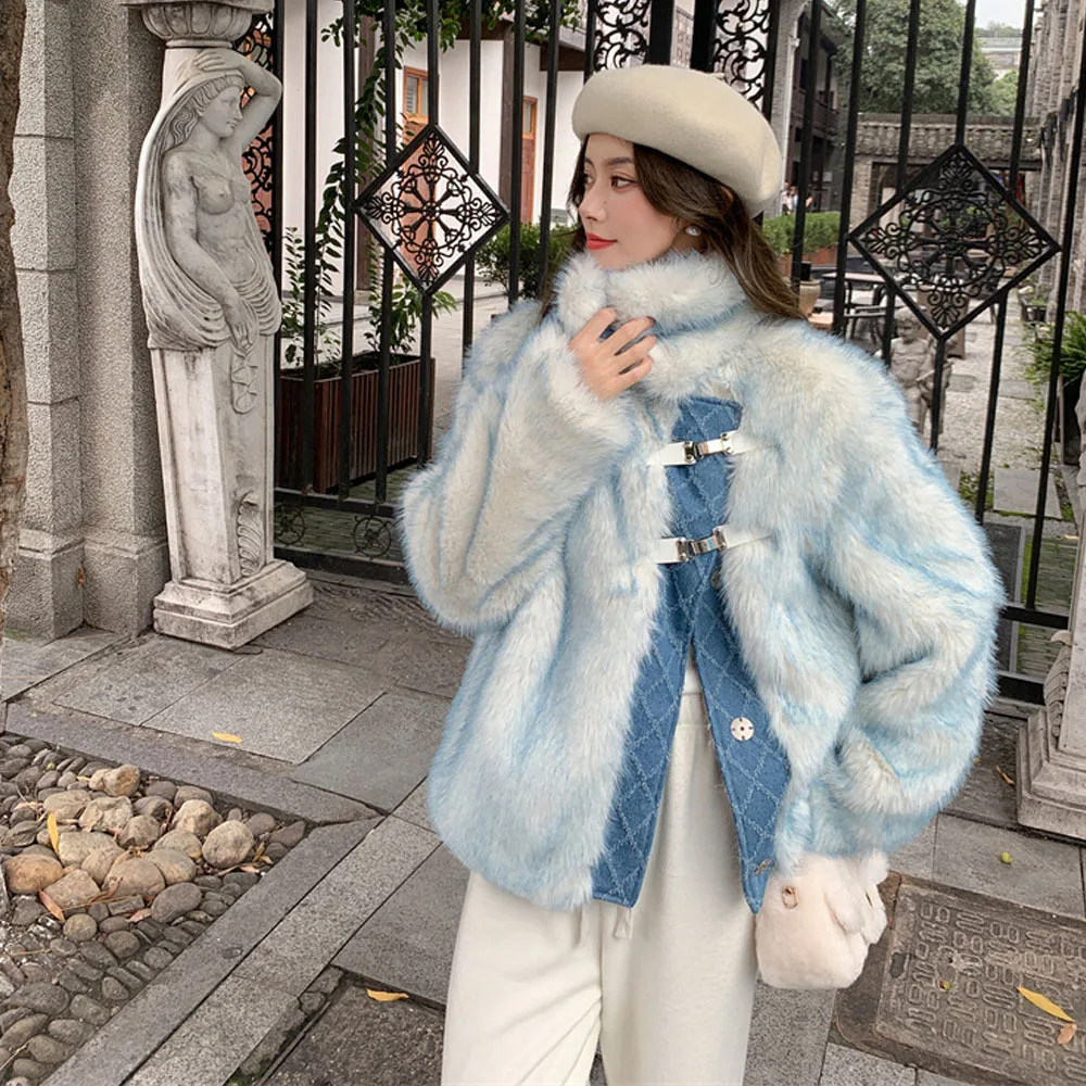 Зимнее плюшевое Женское пальто лоскутное с диагональной пряжкой из джинсовой