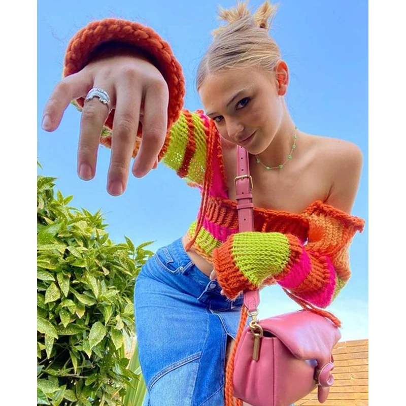 

Милый топ, свитер с полосатым принтом, топы с длинным рукавом в стиле 1920-х, эстетичная трикотажная футболка y2k, женская вязаная крючком одежд...