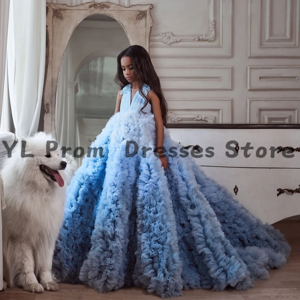 

YL Princess Blue Puffy Tiered Tulle Flower Girl Dresses Sweep Train High Waist Kid Beauty Pageant Dress Beading Party Gowns