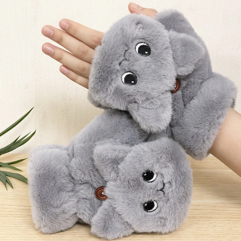 

Cute Cat Bear Rabbit Fur Mittens Women Winter Gloves for Women Girls Animal Ear Flip Plush Glove Fingerless Thicken Warm Mitten