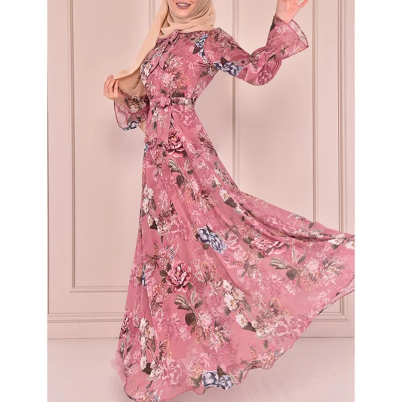 

African Swing Dresses For Women Elegant Bow Neck Slim Waist Maxi Dress Long Flare Sleeve Floral Print Exquisite Boubou Holiday