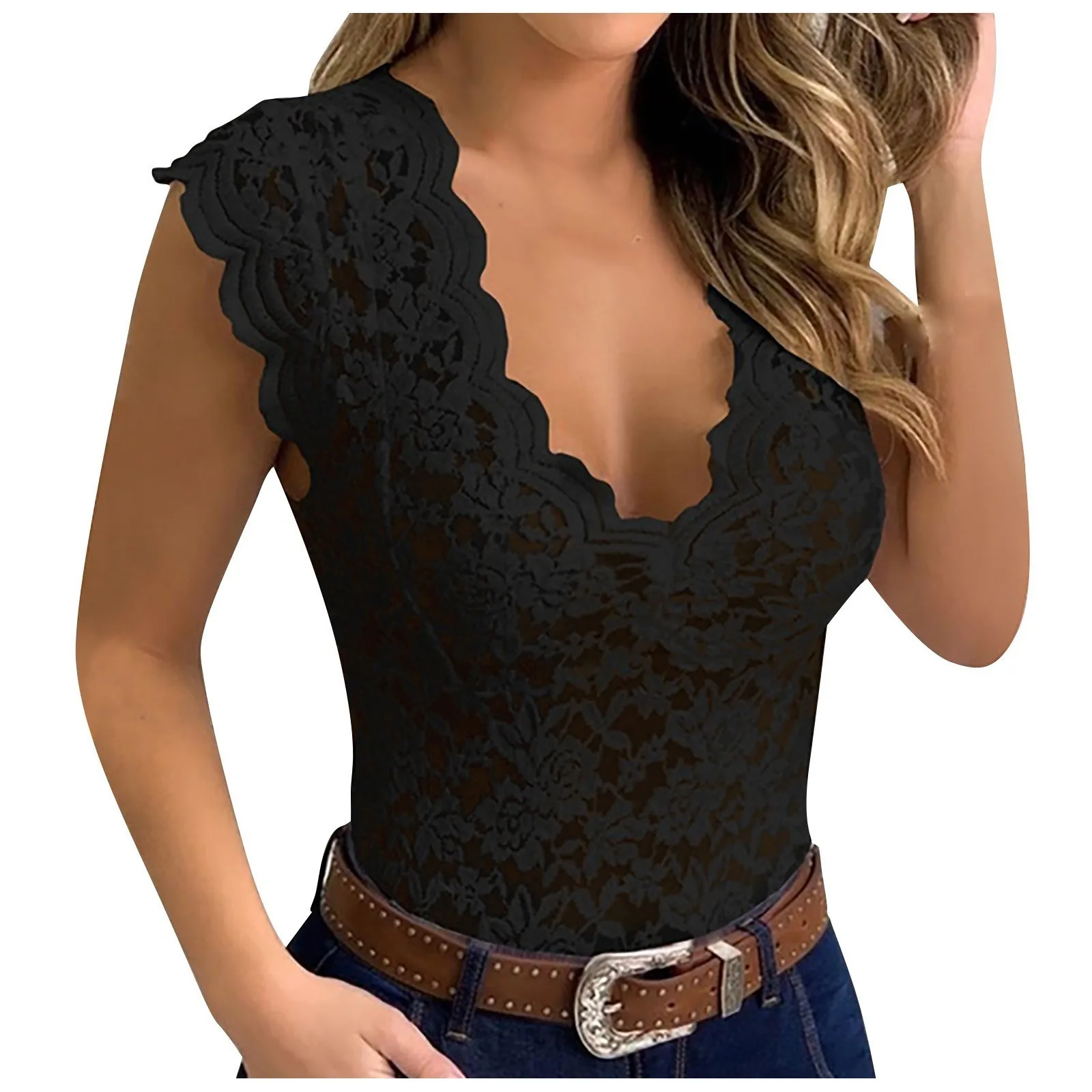 

Womens Casual Sexy Slim Solid Lace V-Neck Ladies Sexy Lace Erotic Lingerie Tank Top 2023 Summer Sexy Women Vest Female T Shirts