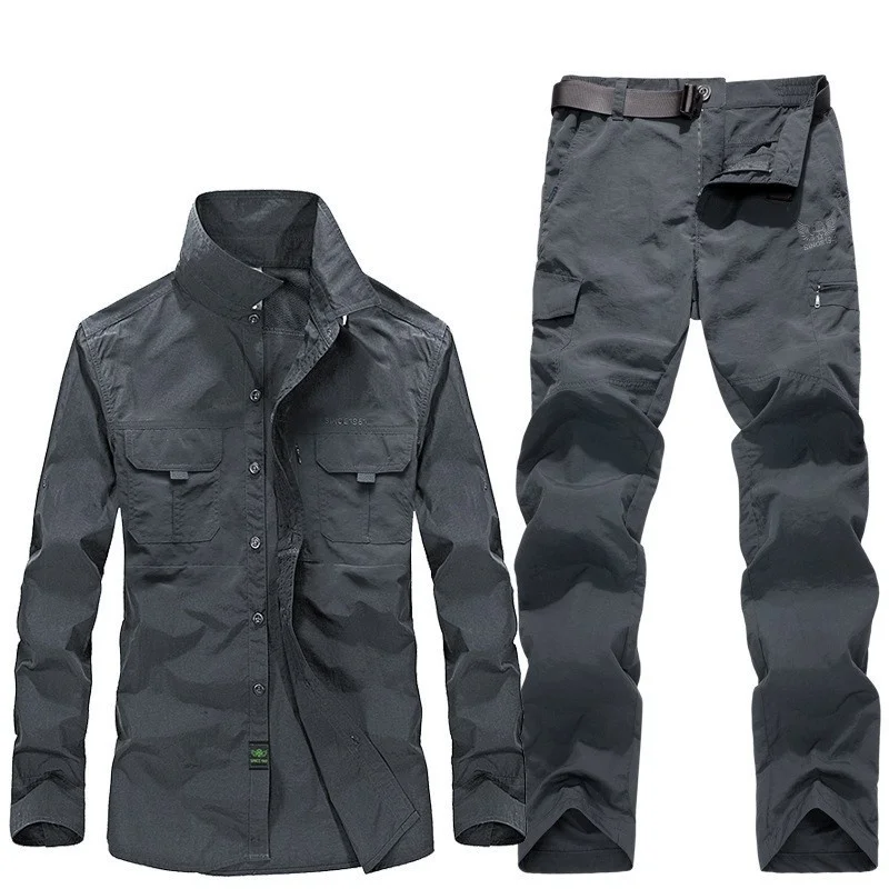 

Mens Quick Dry Long Sleeve Shirt Pants Suits 4XL Large Size Summer Outdoor Thin Detachable Sleeve Loose Military Shirt Clothes