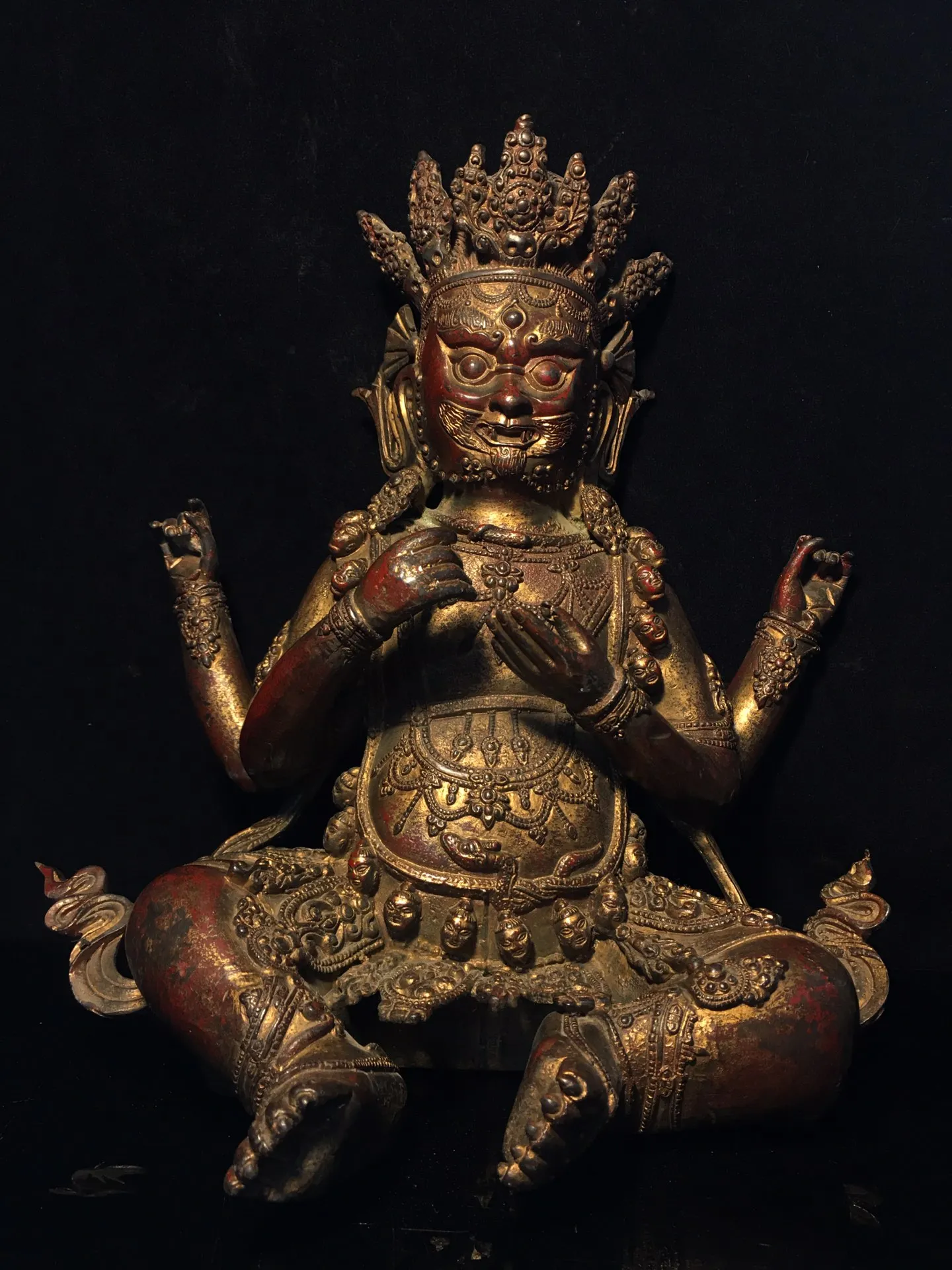 

11" Tibetan Temple Collection Old Bronze Cinnabar Mud gold four arms Mahakala Vajra Buddha worship buddha Town house Exorcism