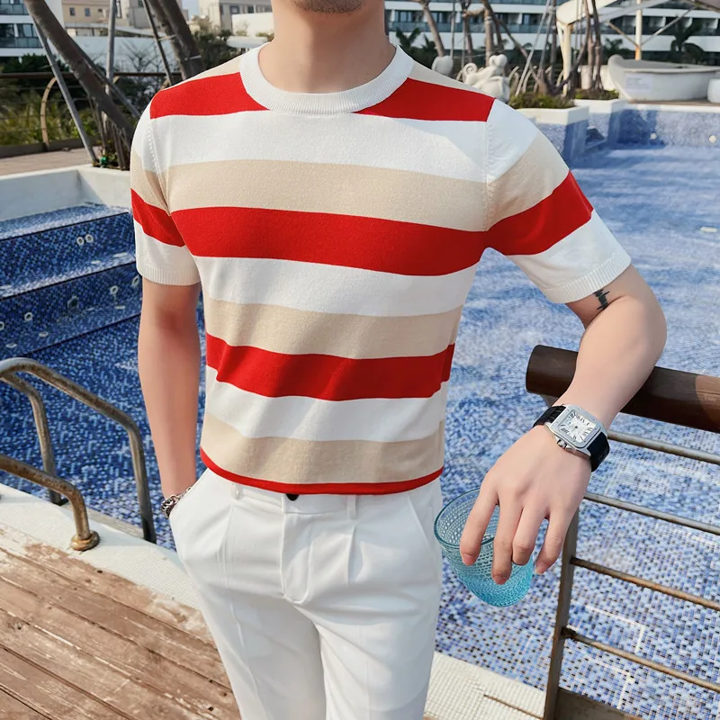 

Летние полосатые контрастные футболки, мужская одежда с коротким рукавом, трикотажные повседневные футболки из ледяного шелка, тонкие футб...