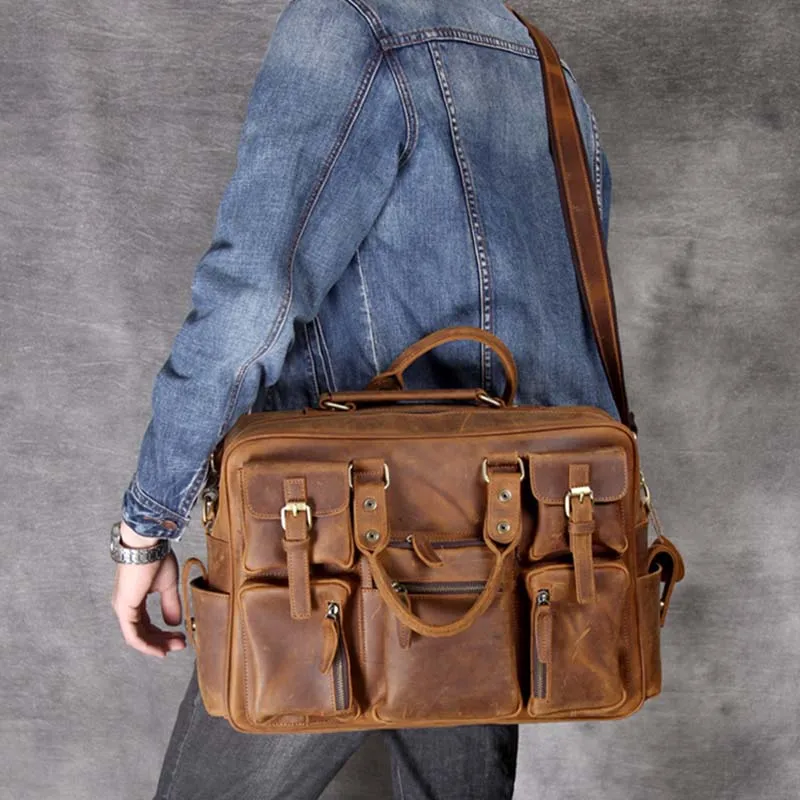 

Real Messenger Vintage Horse Briefcase Cowhide Men's Business Bag Tote Genuine Bag Crazy Big Laptop 15.6" Travel Leather Leather