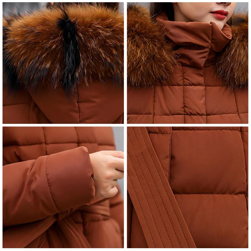 Winter Women Warm Jacket Long Parka Fashion Bow Belt Faux Fur Collar Slim Coat Long Dress Lady Down Cotton Outwear Thick Coat