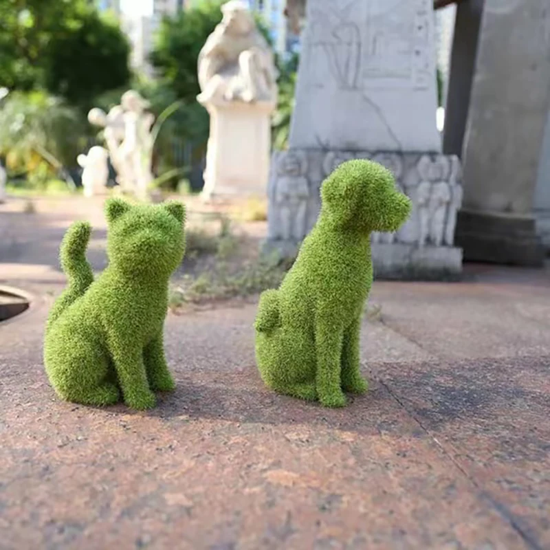 

Courtyard Cute Dog Statues Grass Green Simulation Flocking Puppy Ornaments Moss Grass Cat Figurines Garden Decor