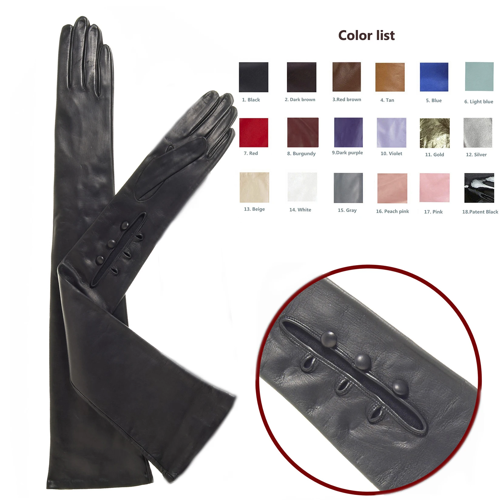 Custom Made 40cm To 80cm Long Wrist Buttons(Style 1) Real Sheep Leather Evening Opera Gloves 18 Colors To Choose