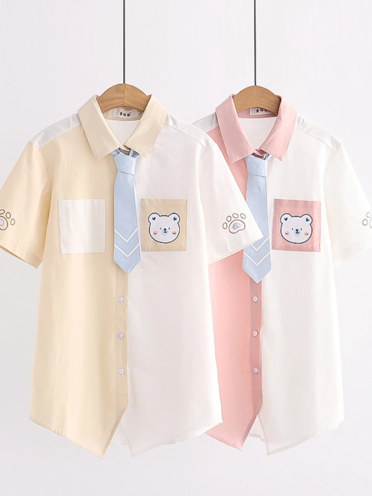 

Harajuku Bear Print Short Sleeve Cotton Shirt Women Summer Turndown Collar Girls Kawaii Shirts Patchwork Casual Tie Pockets Tops