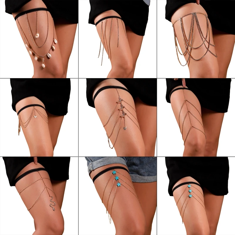 

Sexy Thigh Chain Garter Boho Style Multi Layer Thigh Chain Elastic Body Chain Jewelry Nightclub Party for Women Girls