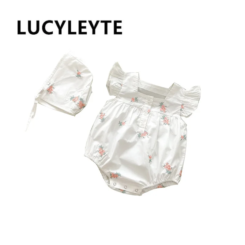 

2022 summer cotton breathable baby flying-sleeve romper flower embroidery square-neck baby girl jumpsuit Mori romper baby girl
