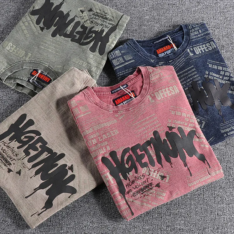 

1922 Summer New American Retro Short Sleeve O-neck Letter Printed T-shirt Men's Fashion 100% Cotton Washed Old Youth Casual Tops