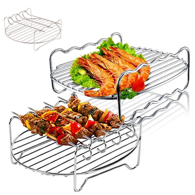 

Baking Tray 3 Skewers Air Fryer Stainless Steel Holder BBQ Rack Double Layer Grill Baking Replacement Barbecue Kitchen Tools