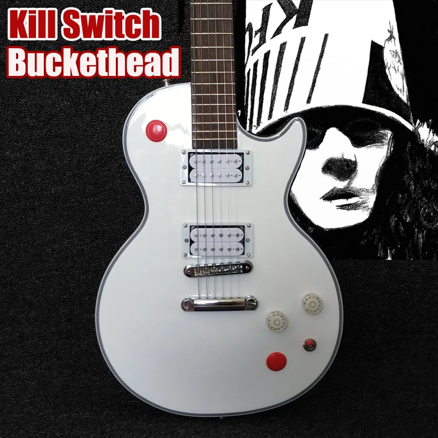 

Rhxflame Kill Switch Buckethead Signature Alpine White Baritone Electric Guitar Red Arcade Button, 24 Jumbo Frets No Inlay