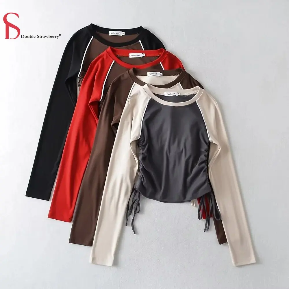 

Fall New Women's Slim Round Neck Raglan Sleeves Contrast Color Design Sense Side Pleats Temperament Long-sleeved T-shirts Tops