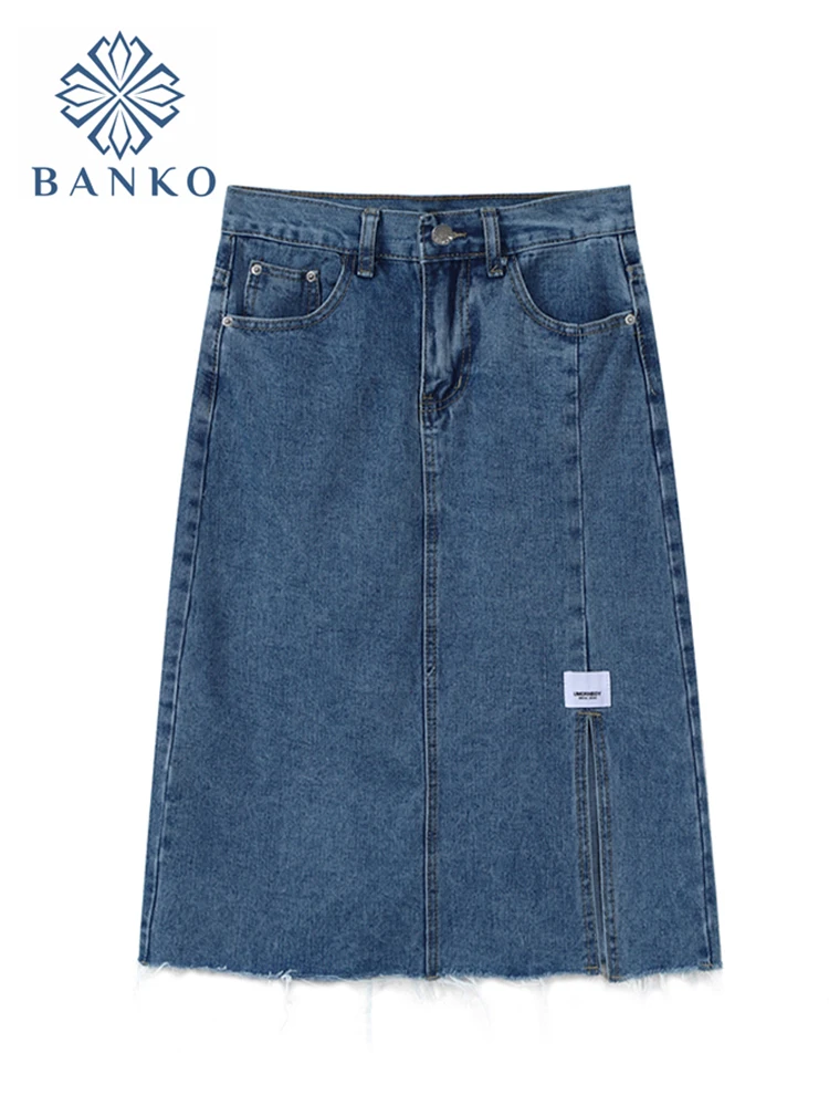 

Midi Denim Skirts Women Loose Korean Streetwear Y2K Stylish Blue Jean Skirts Ladies High Waist Hem Split Retro Leisure Clothes