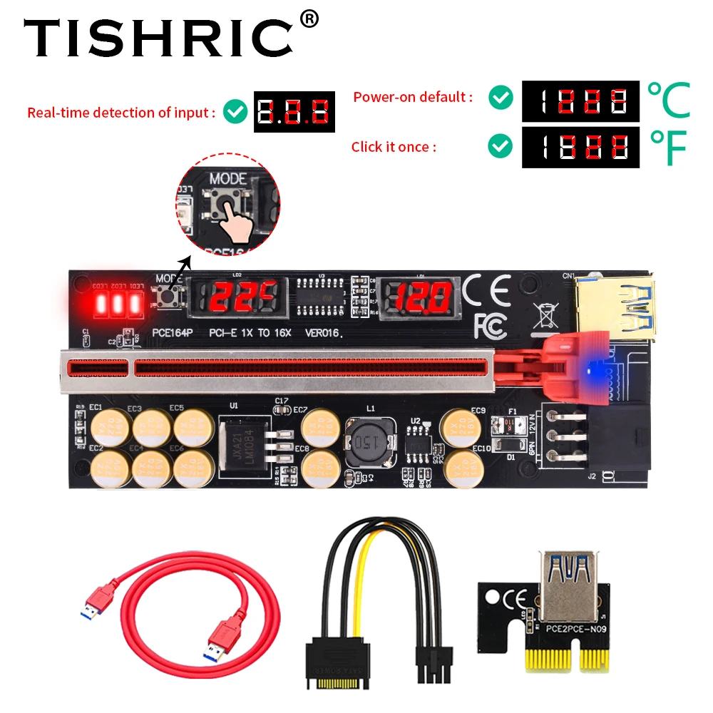 

TISHRIC New Riser 016 VER016 PCI-E PCIE PCI E Express Card Temperature Voltage GPU 1X X16 6pin USB Mining Riser For Video Card
