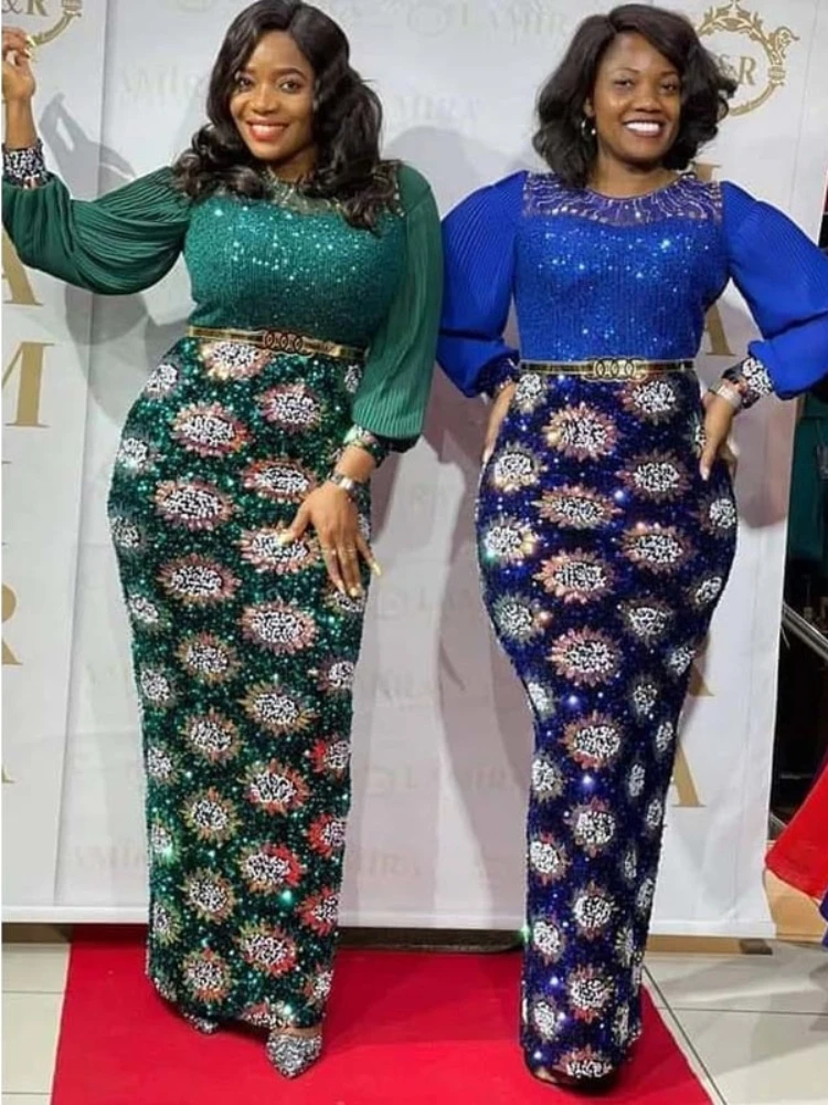 

Sequined African Dresses Women Spring Autumn African Women Long Sleeve O-neck Polyester Long Dress Maxi Dress Christmas Dress