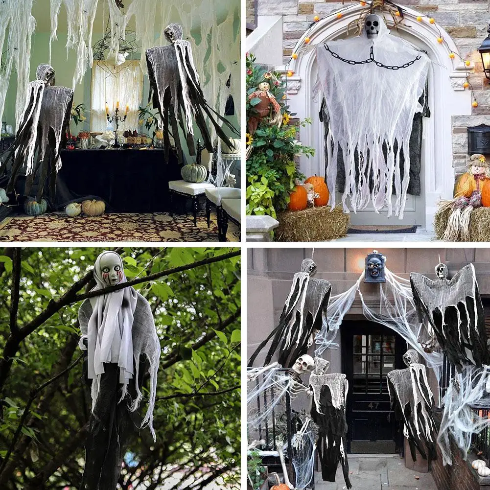 

Halloween Hanging Ghost Skull with Long Hair Glowing House Ghost Terror Decoration Halloween Eyes Props Head 2024 Skeleton F3S8
