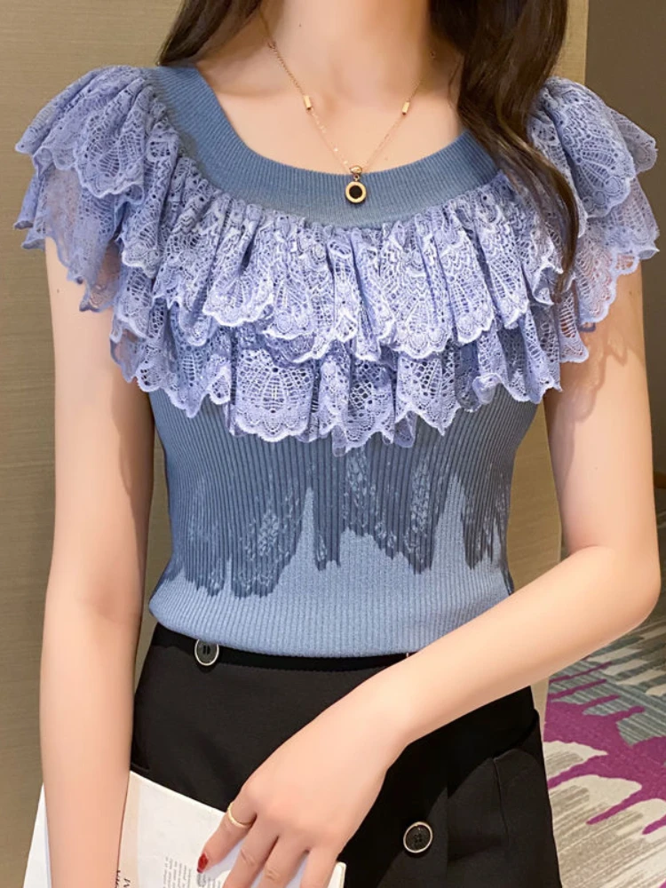 

Elegant Sweaters Fashion Lace Hollow Out O Neck Sleeveless Slim Solid Color Pullovers New Summer Women 2022 Shirt Women Clothing