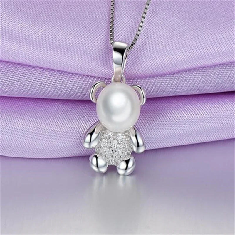 

New Fashion 925 Sterling Silver Cute Animal Bear Pearl Diamond Pendant Necklaces For Women Girl Fine Jewelry N282