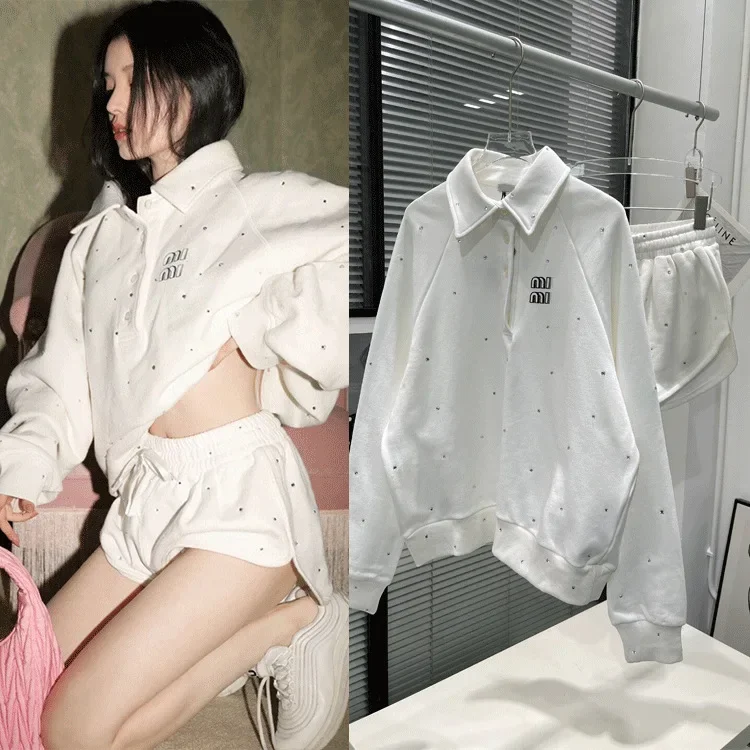 

Star's Same White Diamond Inlaid Lapel Long Sleeve Polo Shirt 2023 Spring and Autumn Casual Loose Pullover Brand Design Tops