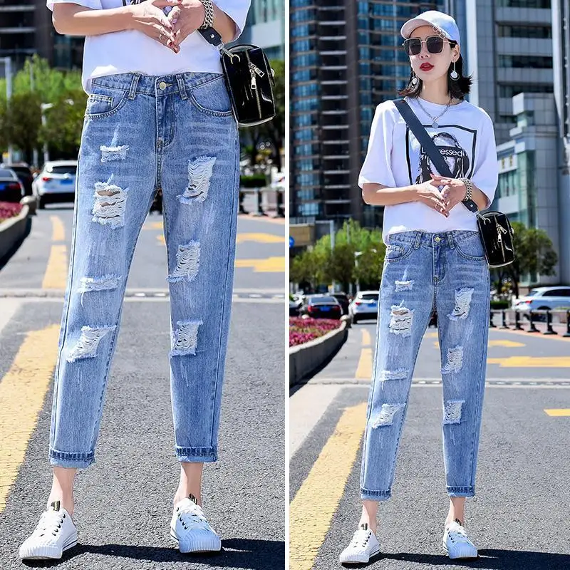 Pierced jeans women's summer 2022 thin loose thin straight pants high waist large dad beggar pants