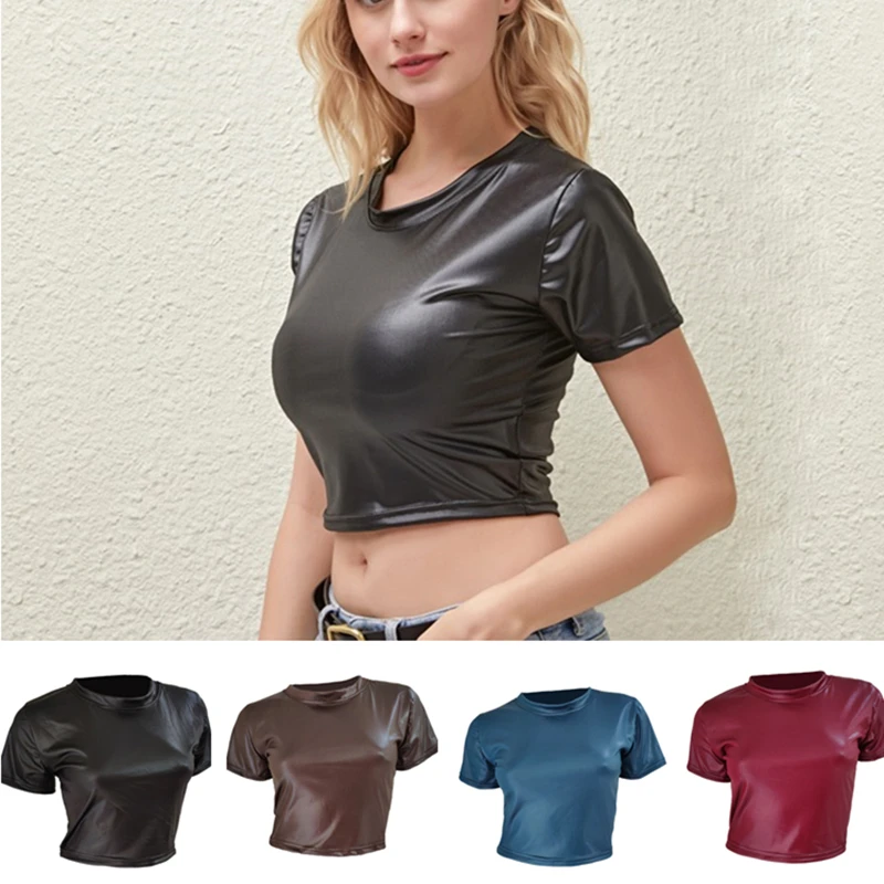

Casual PU Leather Soild T-Shirt Femme Sexy Punk Ladies Streetwear Crop Top Chic Clubwear Bodycon Black Skinny Camis Summer 2021