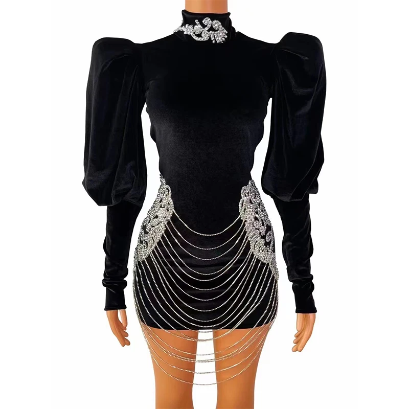 

Sexy Stage Silver Rhinestone Chains Black Velvet Dress Sexy Rhinestones Outfit Prom Show Costume Female Birthday Celebrate Dress