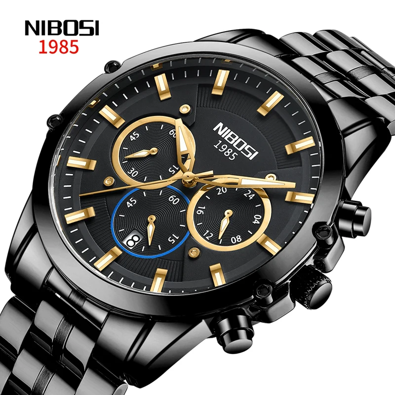 

NIBOSI New Casual Sport Chronograph Men's Watches Stainless Steel Band Wristwatch Big Dial Quartz Clock with Luminous Pointers