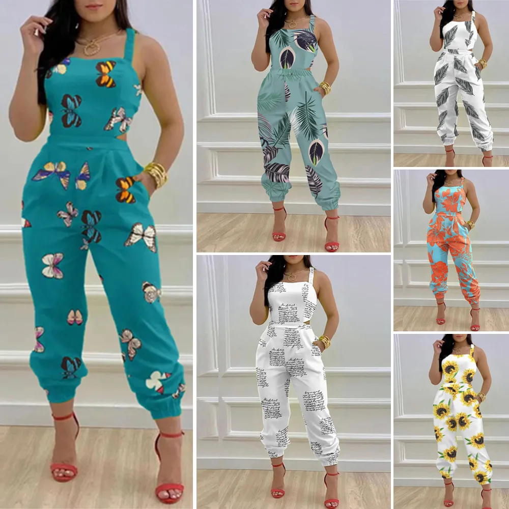 

Цельный Однотонный женский боди на бретельках, комбинезоны с V-образным вырезом, Женские повседневные Комбинезоны без рукавов, Цветочный комбинезон, длинные брюки 2023