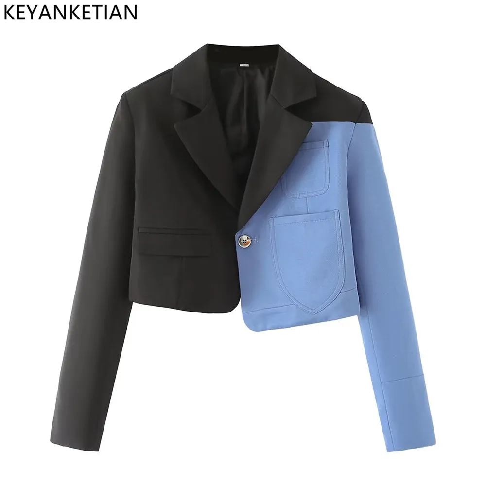

KEYANKETIAN Spring New Trendy Black And Blue Splicing Short Style Suit Jacket Women's Asymmetrical Single Button Jacket Top
