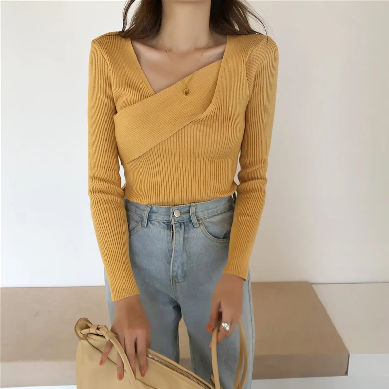 Fashion 2022 New Spring Autumn Women Sweater Knitted Long Sleeve Slim Office Lady Sexy V-Neck Casual Sweaters Tops | Женская одежда