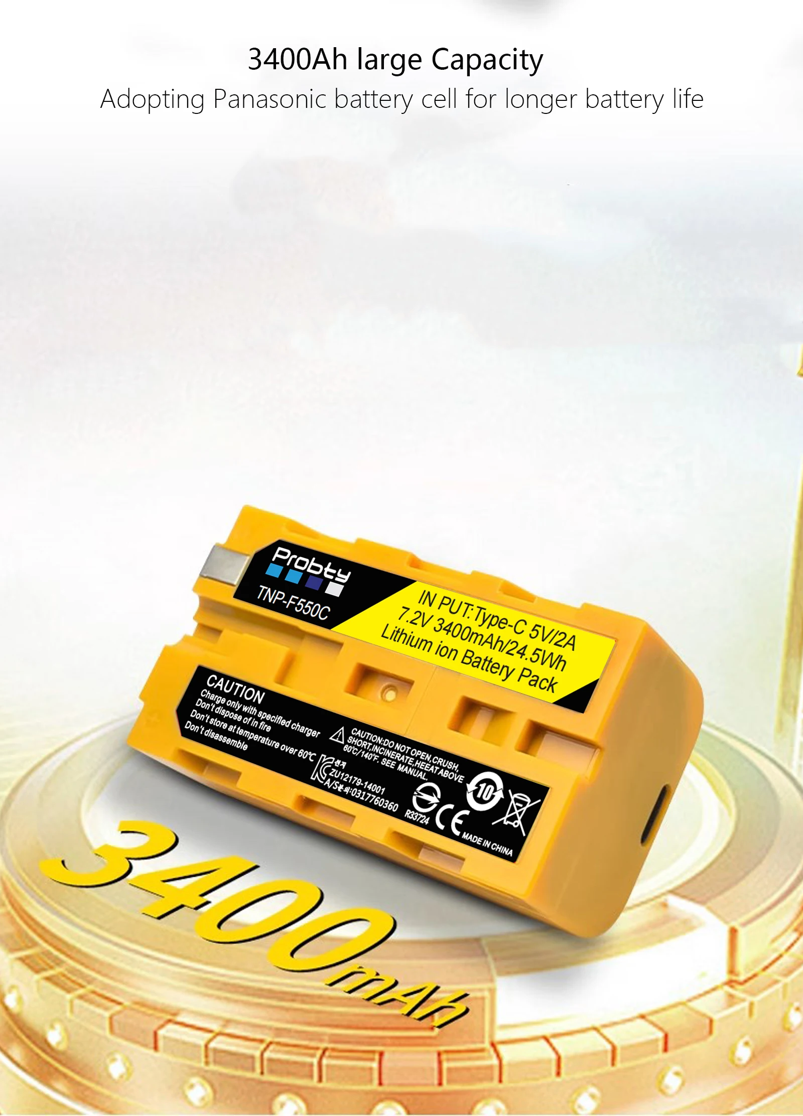 Probty NP-F550 Аккумулятор USB-C Порт быстрой зарядки для камеры Godox Светодиодная