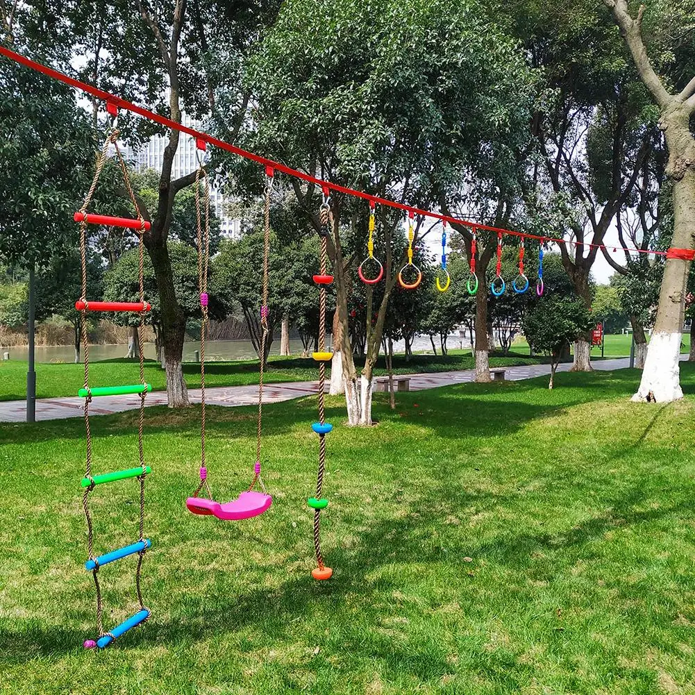 Heavy Duty Children Trapeze Bar Pull Up Gym Rings Colorful Backyard Outdoor Gymnastic Ring Warrior Obstacle Course Slackline Kit images - 6