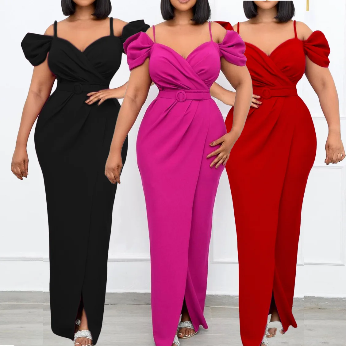 Off Shoulder Strap Solid V-Neck Sexy Wrap Hip Long Dress With Belt European and American High Quality Party Evening ElegantDress