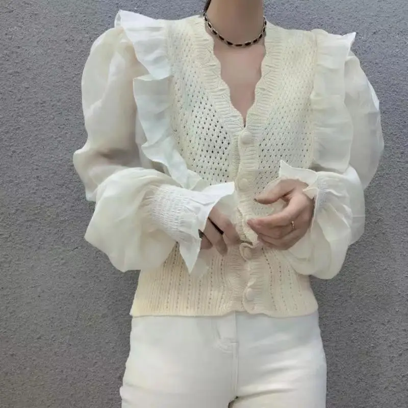 

White Ruffled Stitching Shirt Female Spring 2023 New French V-neck Fashion Sexy Short Women Tops Blouse Shirt