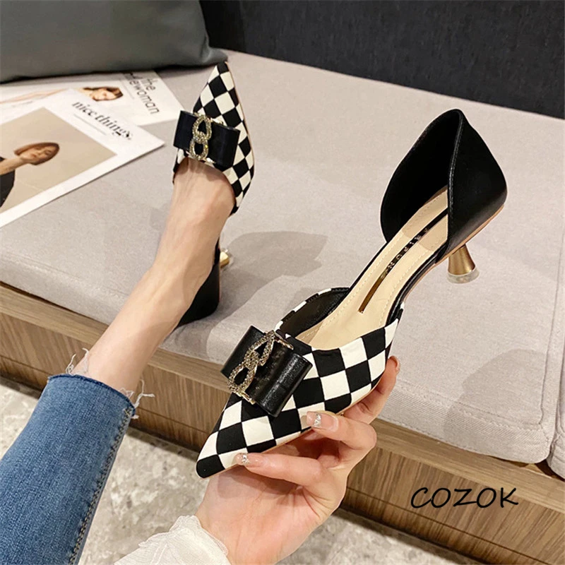

Casual Shoes for Women Fashion Sexy High Heels Checkered Ladies Dress Shoes