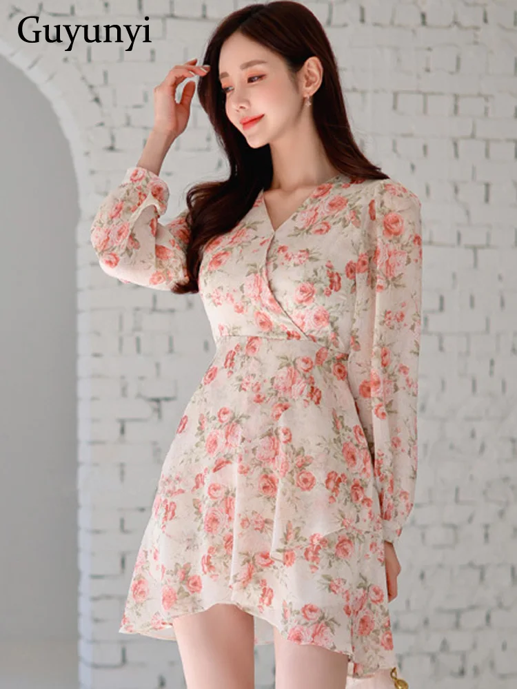 

Floral Chiffon Dress 2022 Summer V-Neck Puff Full Sleeve High Waist Back Tie Cord Gentle Lady British Style A-Line Mini Dress
