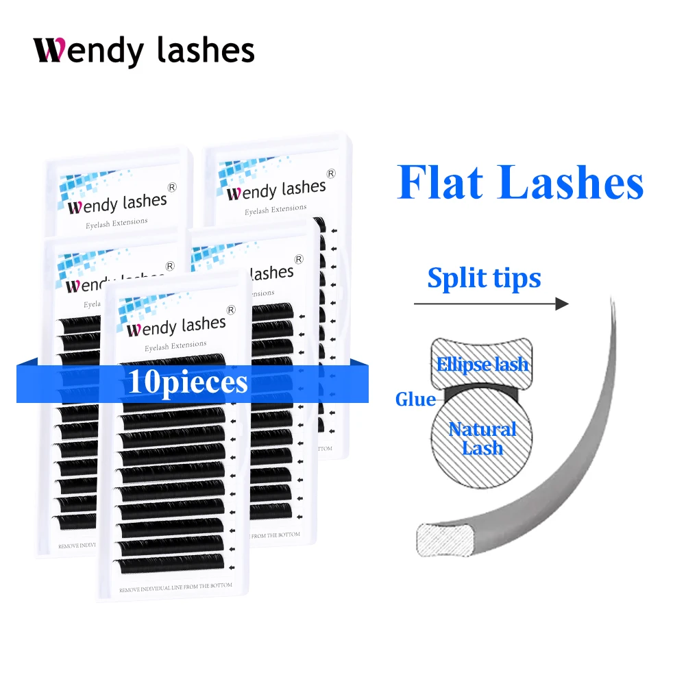 Wendy 10pcs Ellipse Flat Lashes Wholesale Individual Lashes Split-tips Eyelash Extension Soft Natural Flat Lash Makeup Supplies