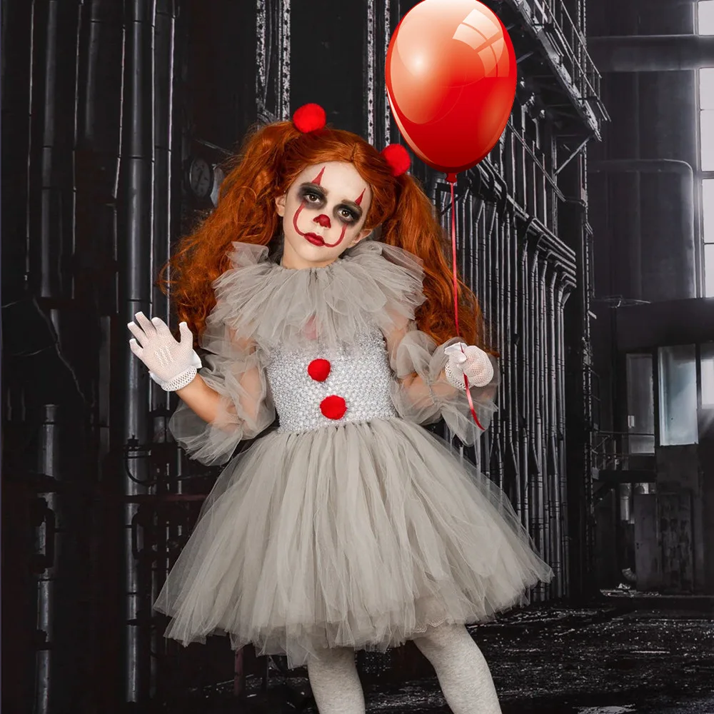 

Girls Halloween Costume Dress Creepy Clown Kids Christmas Carnival Party Festival Cosplay Clothing Children Tulle Fancy Dress Up